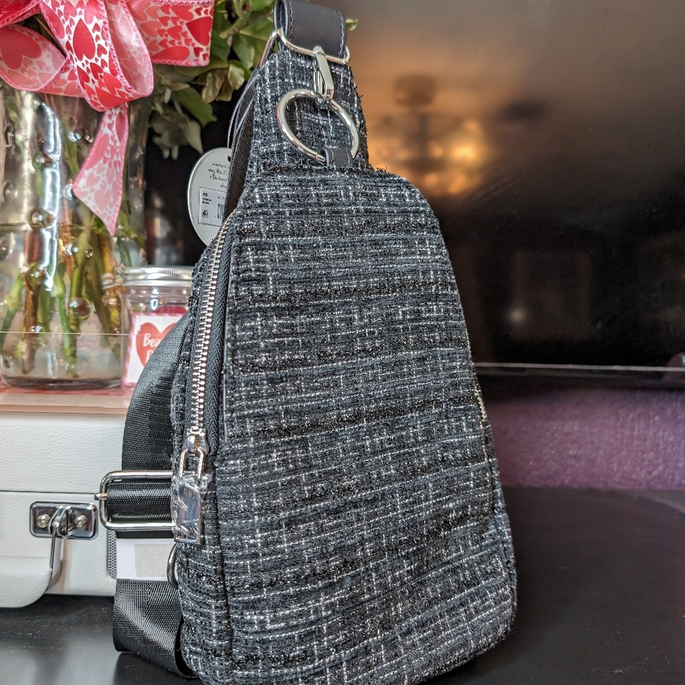 Moda Luxe Black & Silver Tweed Crossbody Sling Bag